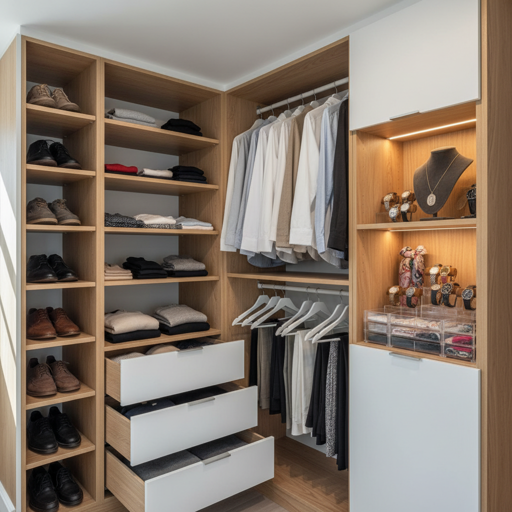 What Is a Built-In Wardrobe & How to Plan for One in an ADU — A close-up, interior view of a highly organized built-in wardrobe in an ADU. Show various clever s