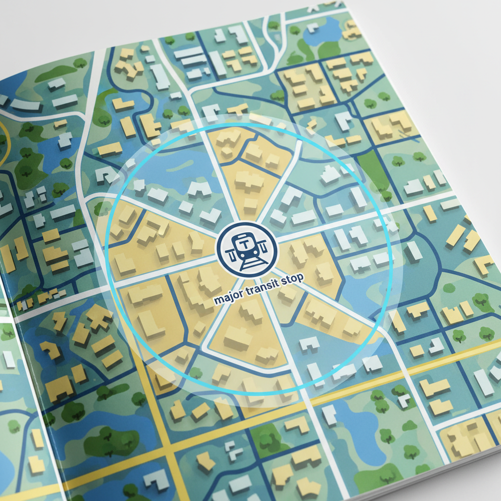 AB 2097: ADU Parking Eliminated Near Transit — A stylized, vibrant map graphic highlighting a specific urban area in California. A prominent icon for a 'major t