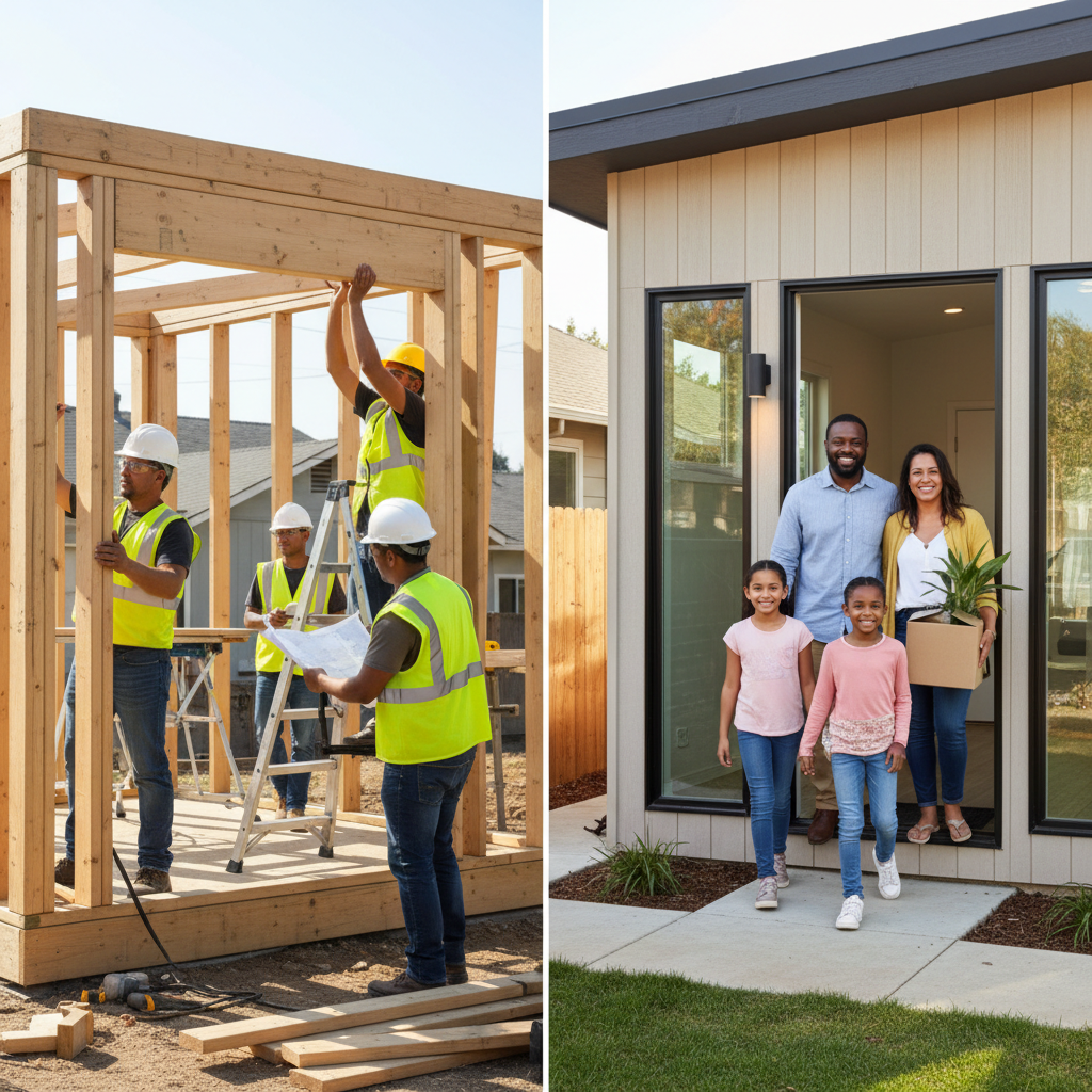 ADU Covenants for Affordable Housing: When Required? — A split image: one side shows construction workers building an ADU, representing the 'assistance' or 'inc