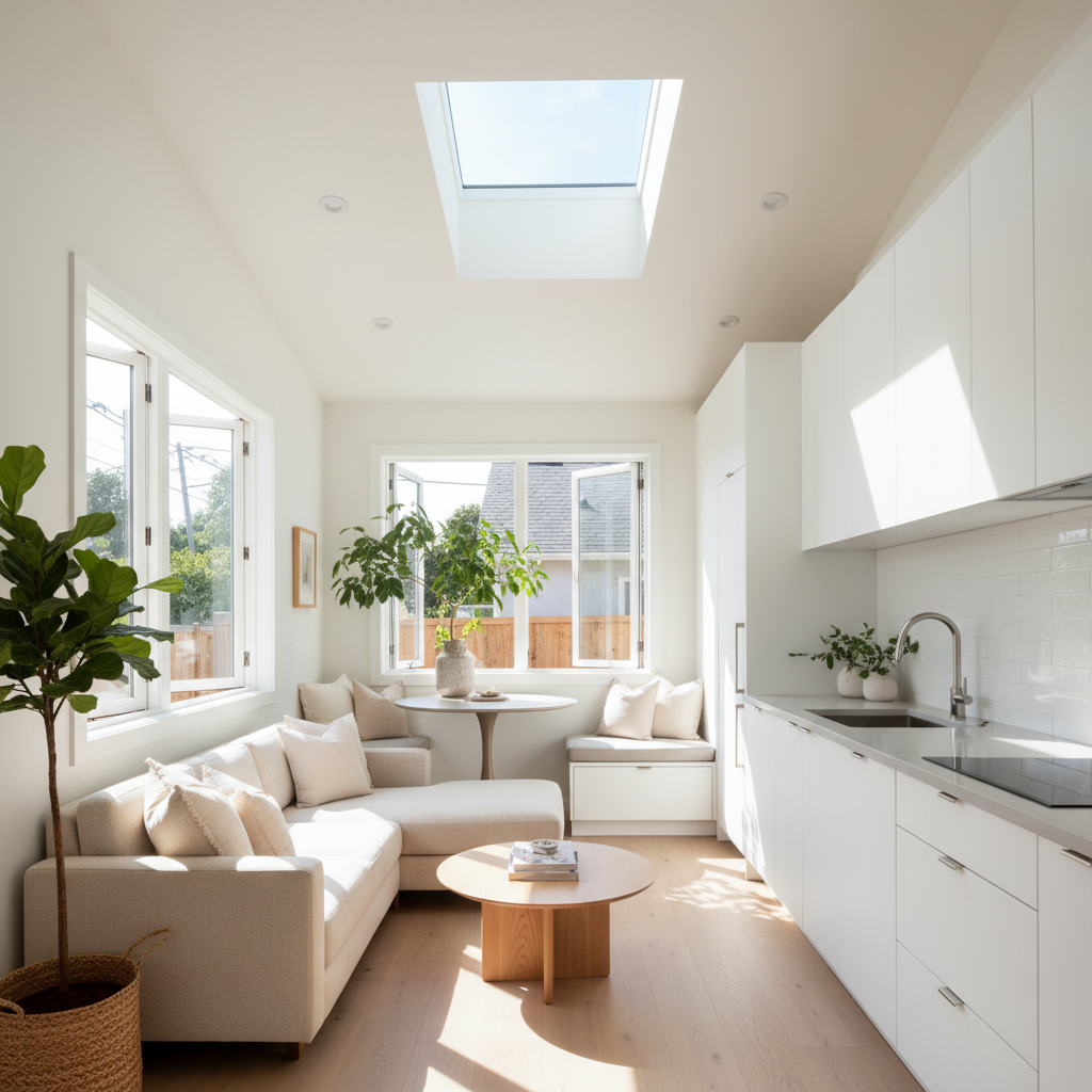 ADU Window Requirements in California: Egress, Light, and Ventilation — A bright, airy ADU living room or kitchen interior, showcasing multiple open windows and