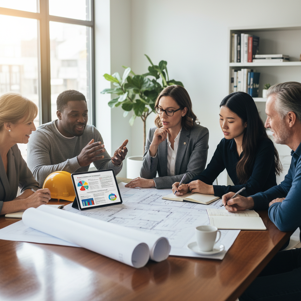 California HCD & ADUs: Understanding State Oversight — A group of diverse individuals (homeowners, a builder, an architect) gathered around a table with ADU blu