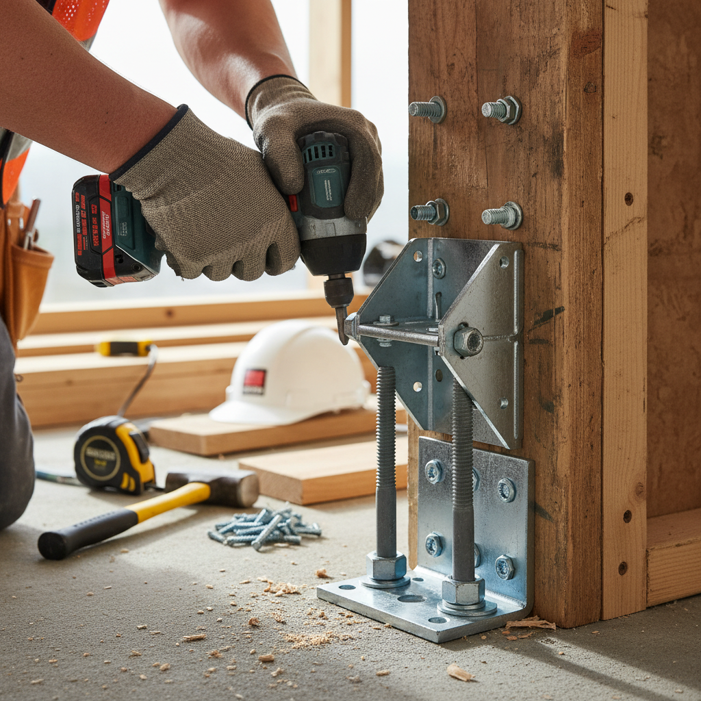 ADU Continuous Load Path: Building for California's Future — A close-up, photorealistic image of a construction worker installing a metal hold-down connector on
