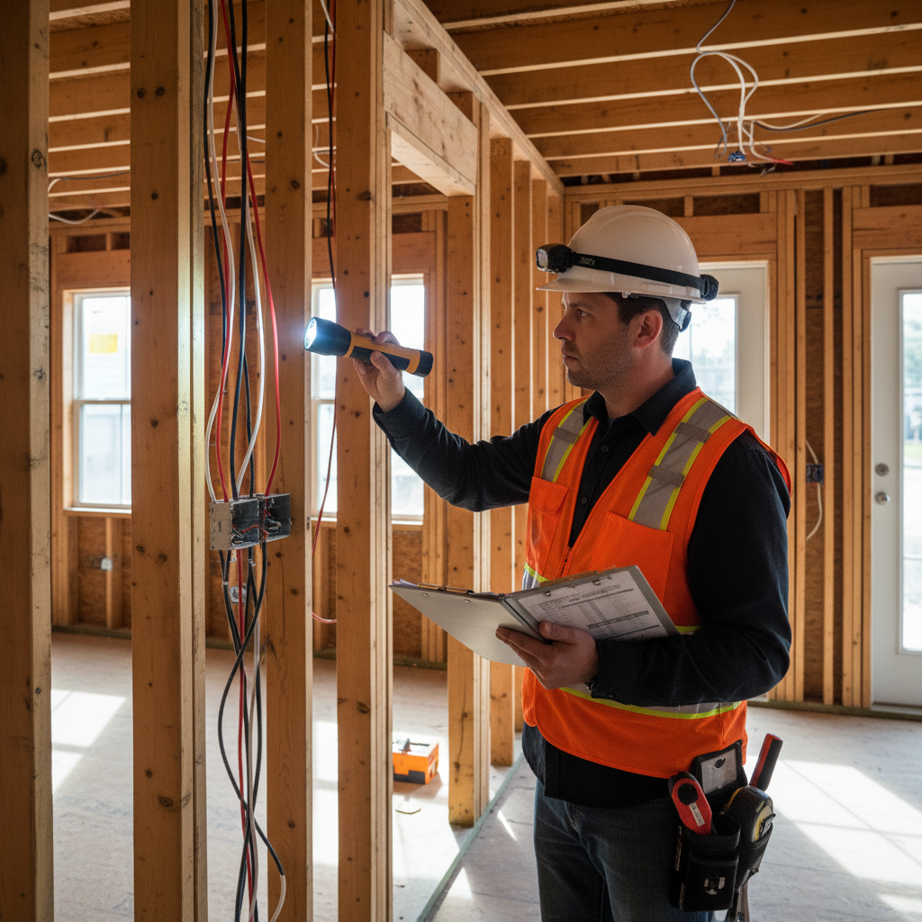 Building vs. Planning Dept: Navigating ADU Permits — A professional building inspector wearing a hard hat and safety vest, holding a clipboard and flashlight, m
