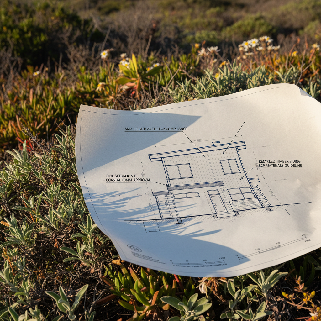 How the California Coastal Commission Affects ADU Projects and What to Expect — A detailed architectural rendering or blueprint section highlighting specific de