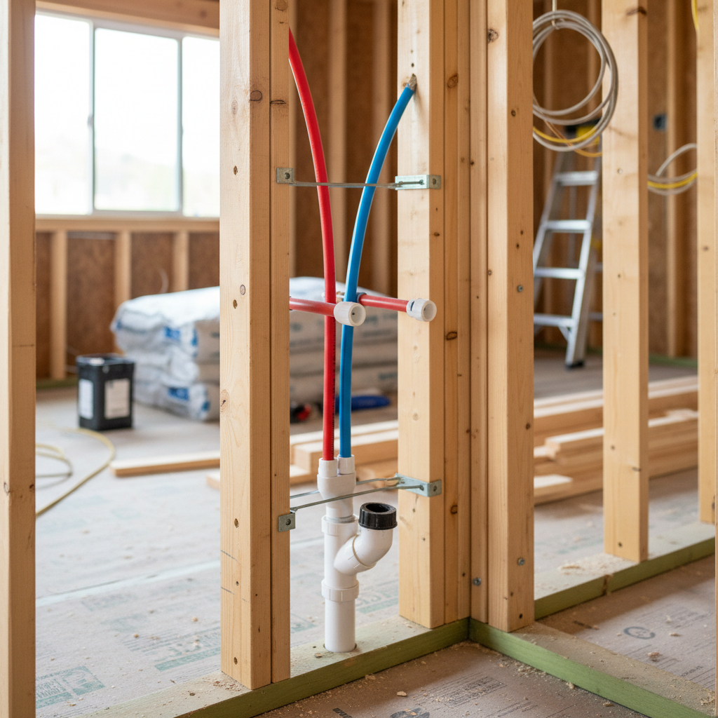 What Is a Stub-Out in ADU Plumbing and Why It Matters for Future Connections — Close-up, photorealistic shot of several plumbing stub-outs protruding from a fra