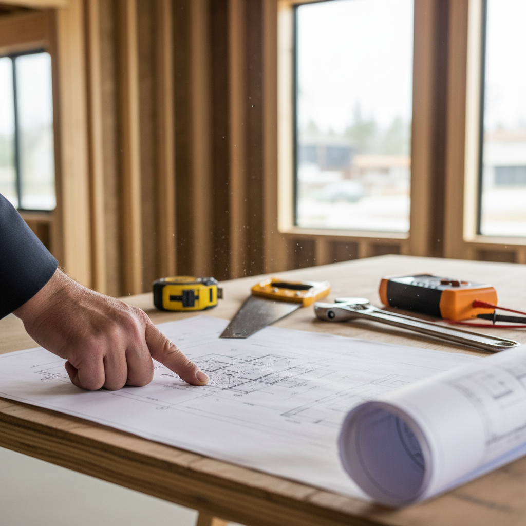 ADU Subcontractors: The Backbone of Your Backyard Home Build — Photorealistic, close-up shot of a general contractor's hand pointing to a detail on a blueprint,