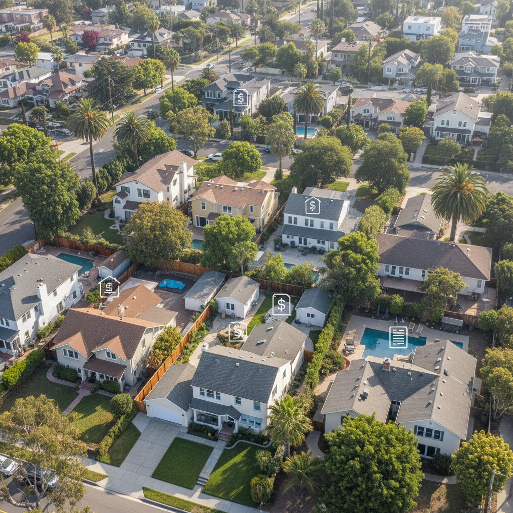 ADU Covenants for Affordable Housing: When Required? — An aerial view of a vibrant, diverse California neighborhood with several ADUs visible in backyards. Over