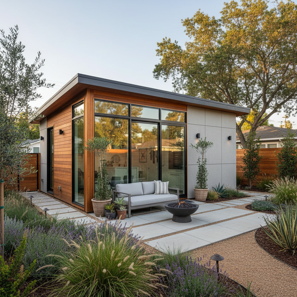 Accessory Structure vs. ADU: CA's Key Differences — A photorealistic architectural rendering of a modern, detached Accessory Dwelling Unit (ADU) in a contempora