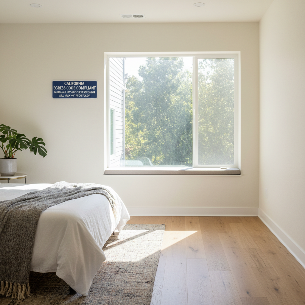 ADU Window Requirements in California: Egress, Light, and Ventilation — An interior shot of an ADU bedroom, focusing on a large, clearly labeled egress window t
