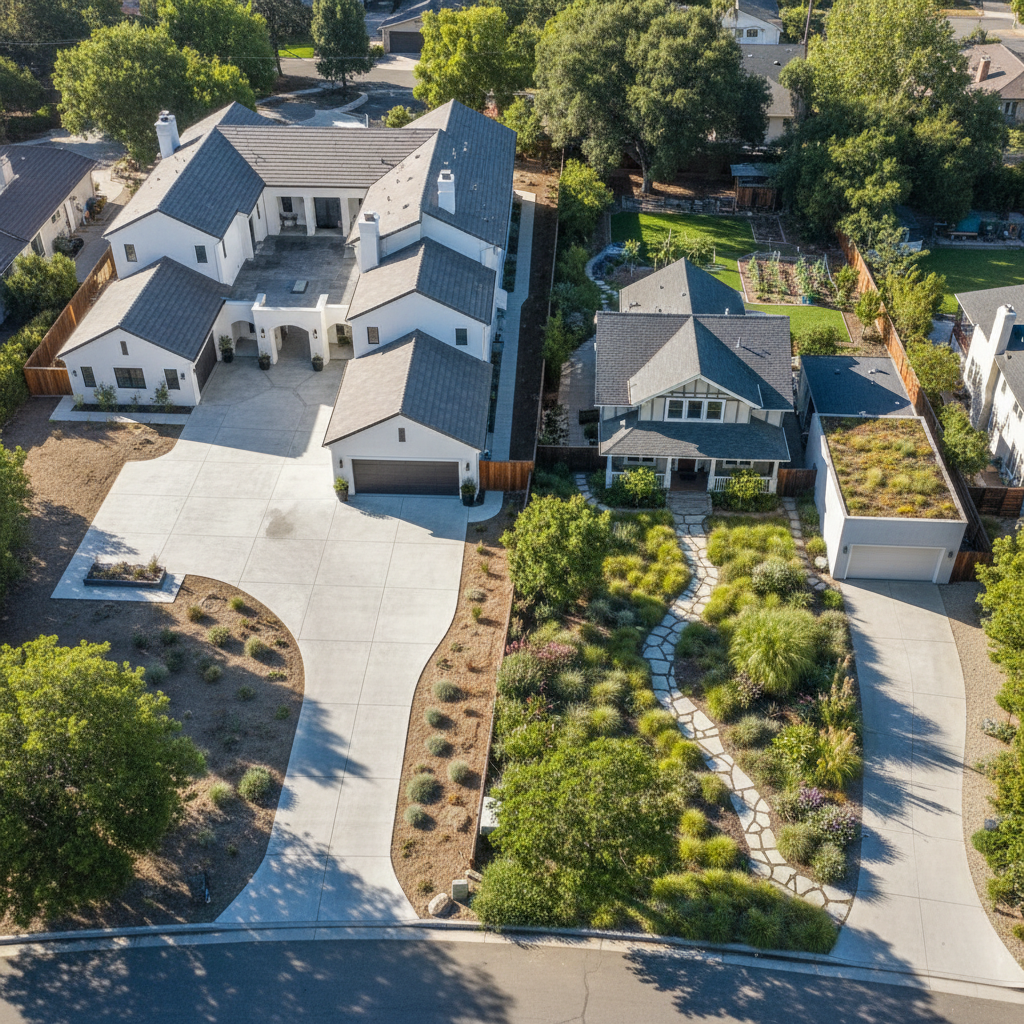 Lot Coverage & ADUs: Your Guide to California Regulations — An aerial view (drone shot) of a suburban California residential lot. One side of the image depicts