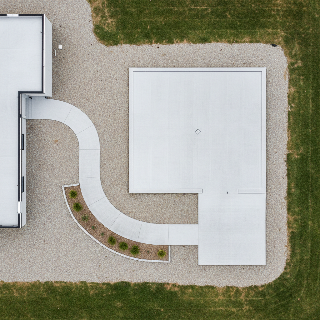 ADU Concrete Flatwork: Essential Guide for Your Backyard Home — An overhead view or blueprint-style rendering of an ADU's site plan, clearly highlighting differ