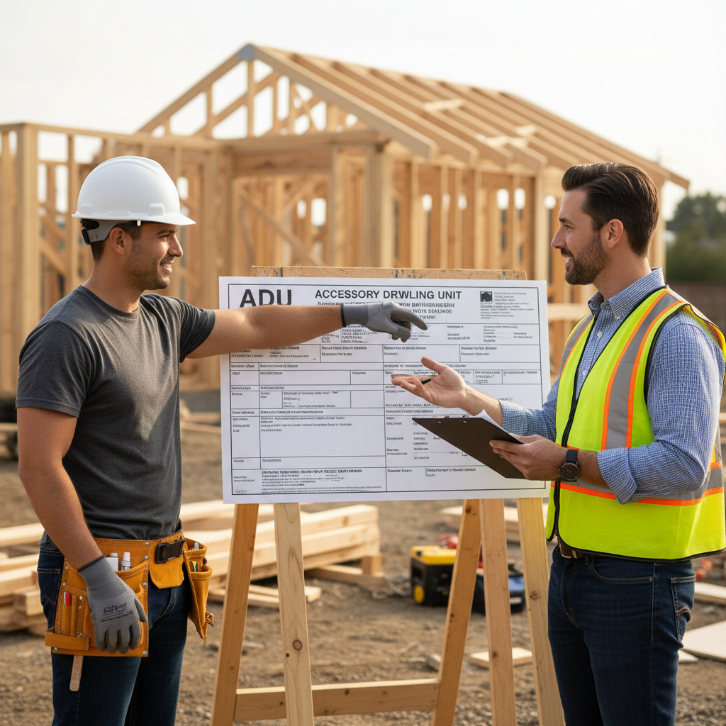 What Is a Building Permit Card and Why It Needs to Stay on Site During ADU Construction — A professional building inspector, holding a clipboard, reviewing a cl