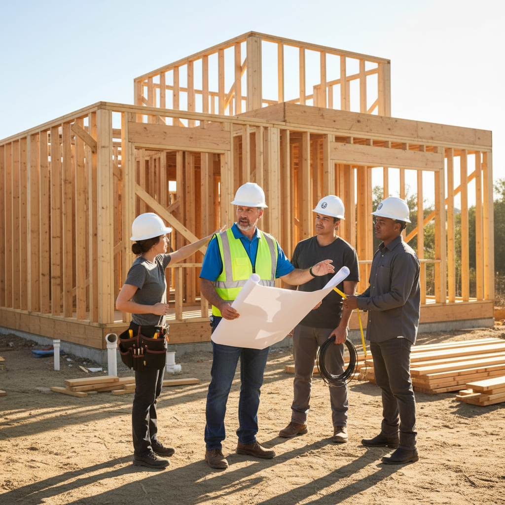 Construction Manager vs. General Contractor: ADU Project Roles — A General Contractor on an ADU construction site in California, actively directing a small team
