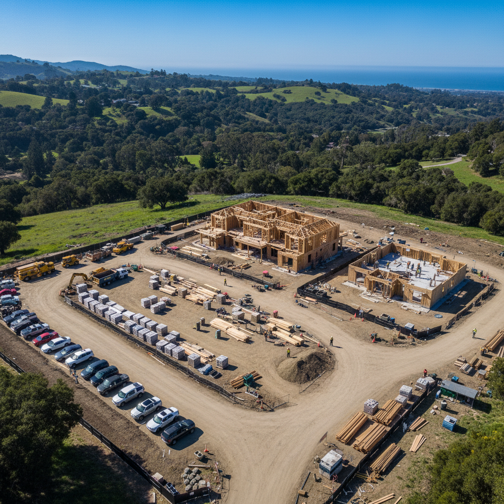 Building an ADU While Your Main Home is Under Construction in California — Photorealistic, aerial view of a busy construction site in California, showing separa
