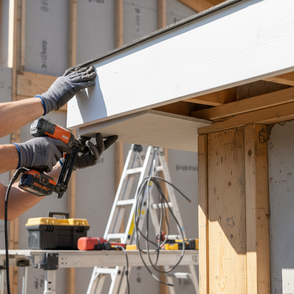 Soffits in ADU Construction: A Comprehensive Guide — A construction-in-progress shot of an ADU's roof eave, with a carpenter installing a fiber cement soffit pa