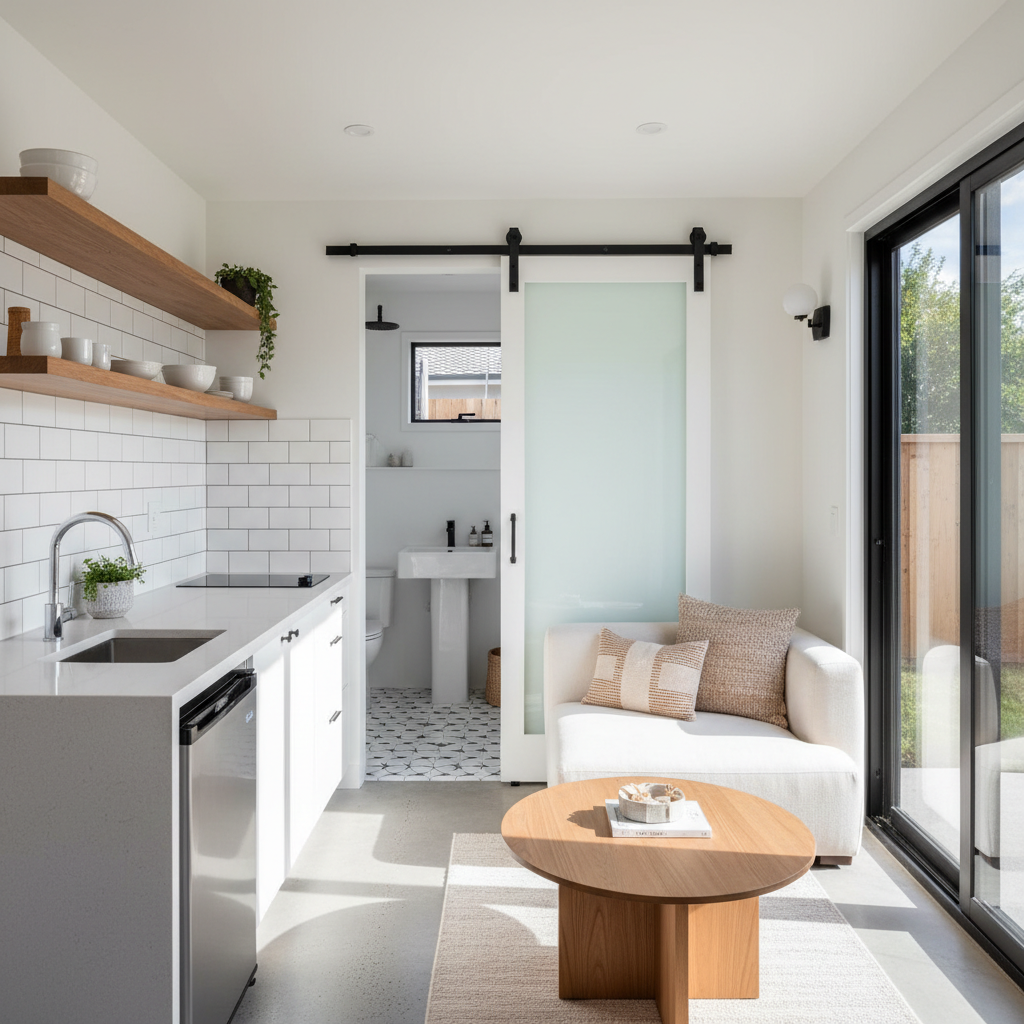 Pool House to ADU: Your Ultimate Conversion Guide — The interior of a stylish, compact converted pool house ADU, featuring a cozy living area with a small, func