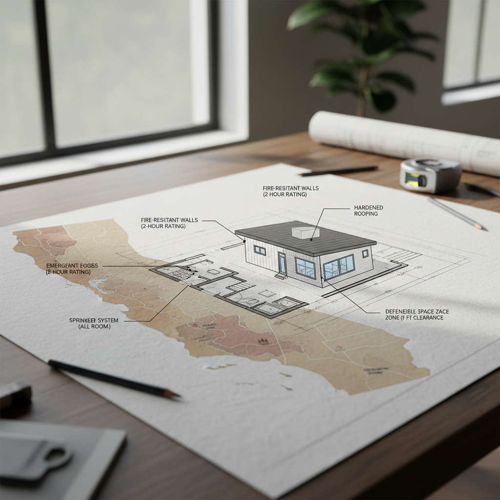 AB 462: Occupy Your ADU Sooner After Wildfire Destruction in CA — A detailed blueprint or architectural rendering of an ADU with emphasis on safety and fire-res