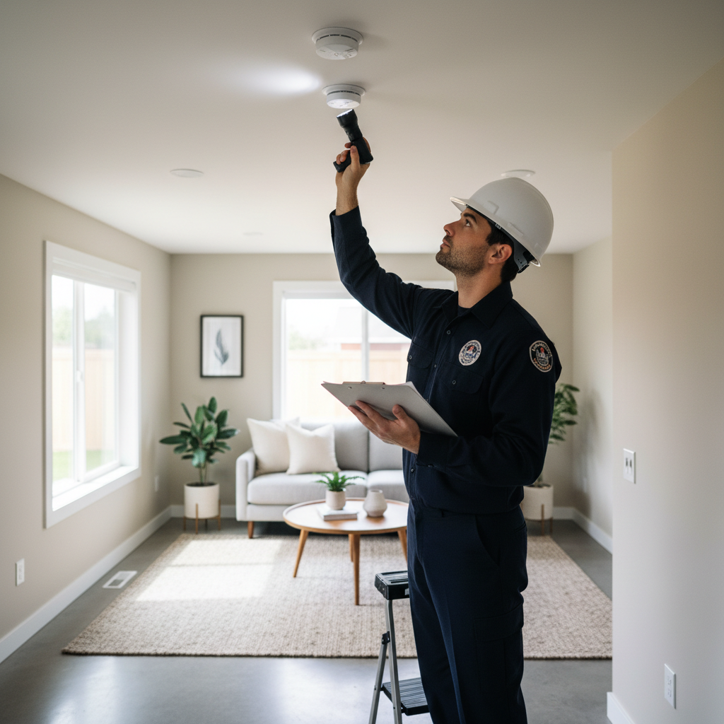 Annual Rental Inspections: Do They Apply to ADUs in CA? — An inspector in a professional uniform, holding a clipboard and flashlight, meticulously checking a sm