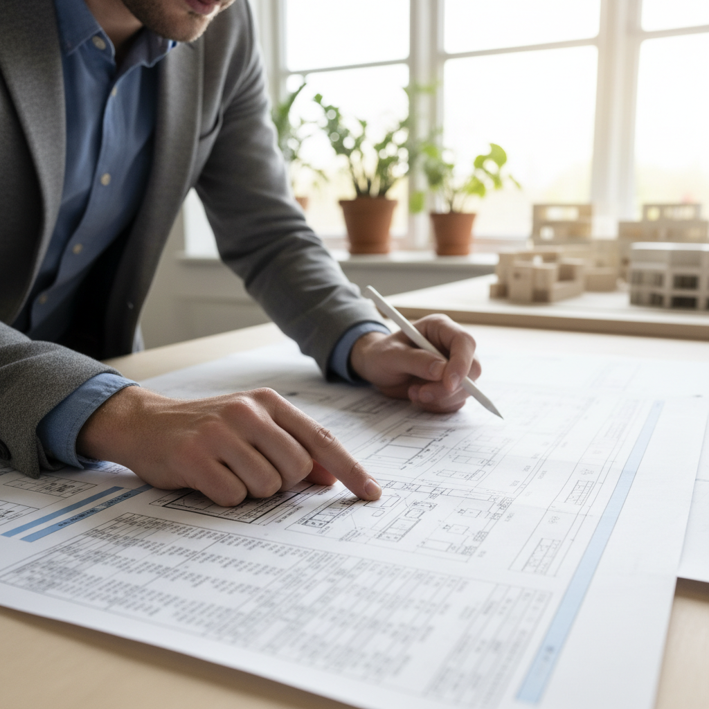 Converting a Garage to an ADU: Navigating Title 24 — Photorealistic image of a detailed blueprint or energy calculation report for an ADU conversion, with a per