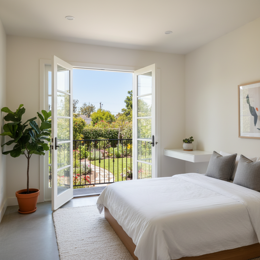 Juliet Balconies & Two-Story ADUs: A California Guide — An interior shot from a second-story ADU bedroom looking out through open French doors with a Juliet bal