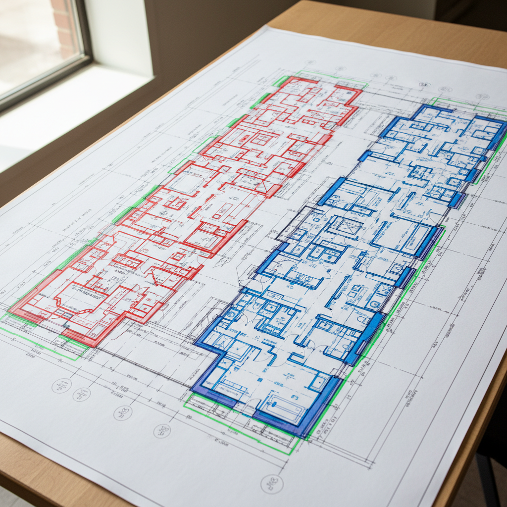 What Permits Does a Garage Conversion Need Beyond the Standard Building Permit — A detailed blueprint or architectural drawing overlaid with various colored hig