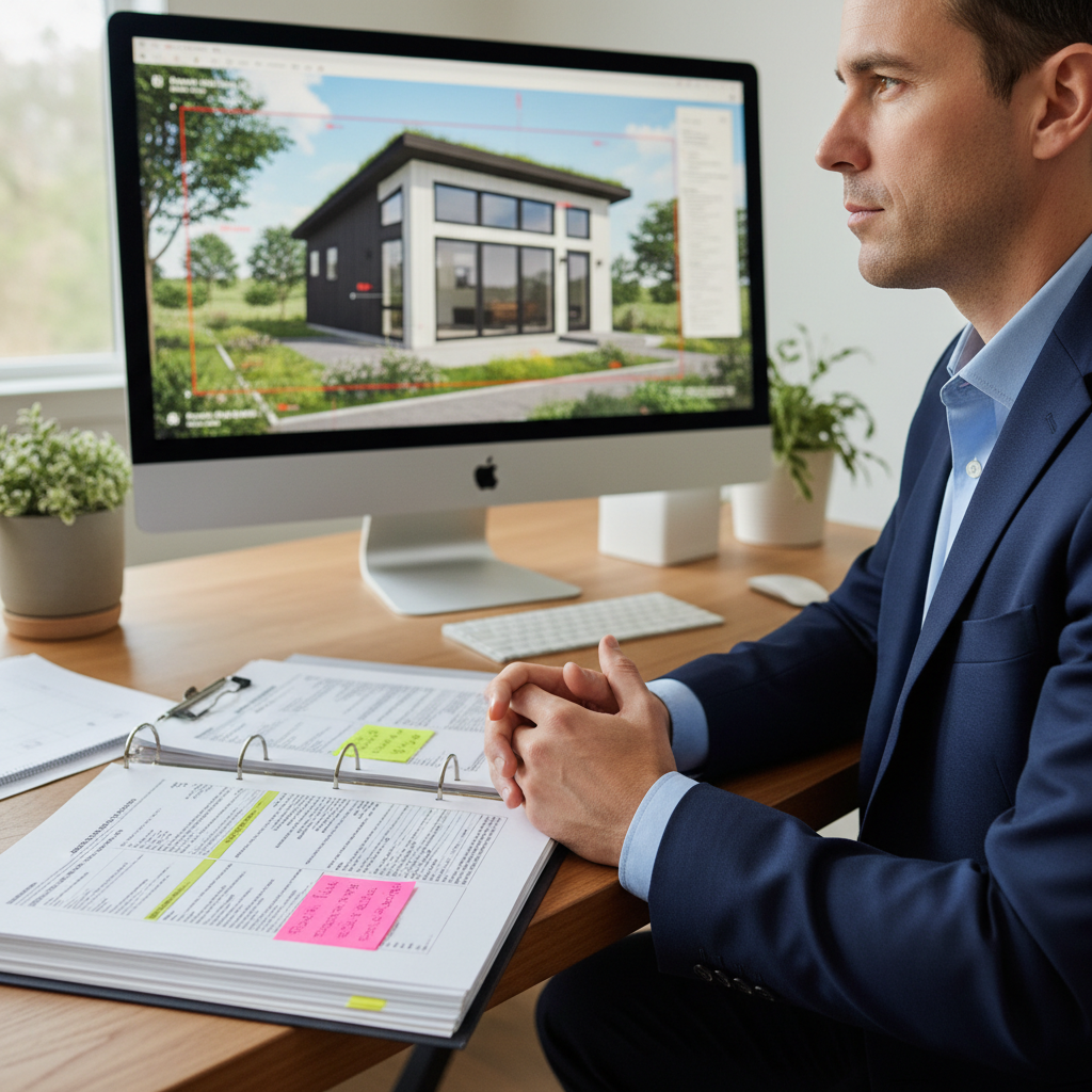 CEQA Exemption for ADUs: California's Path to Easier Backyard Homes — A person thoughtfully reviewing planning documents or legal texts related to environmental