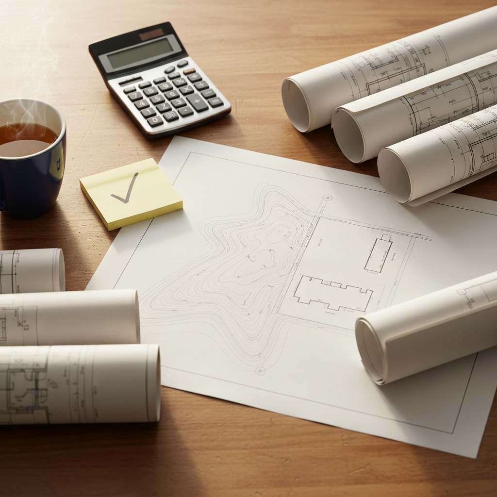 top-down photo of a wooden desk scattered with rolled and folded architectural blueprints, a site plan, a calculator, a coffee mug, and a sticky note with a che