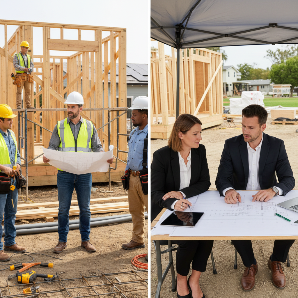 Construction Manager vs. General Contractor: ADU Project Roles — A split image or composite showing contrasting scenes: one side depicts a General Contractor ov