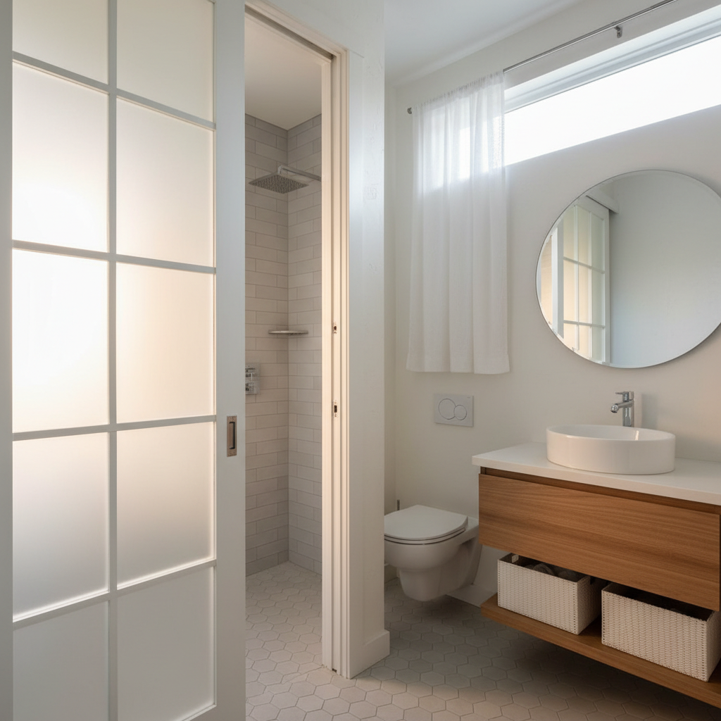 What Is a Pocket Door and Why ADU Designers Use It in Small Floor Plans — An ADU bathroom interior showcasing a half-open frosted glass pocket door leading to a