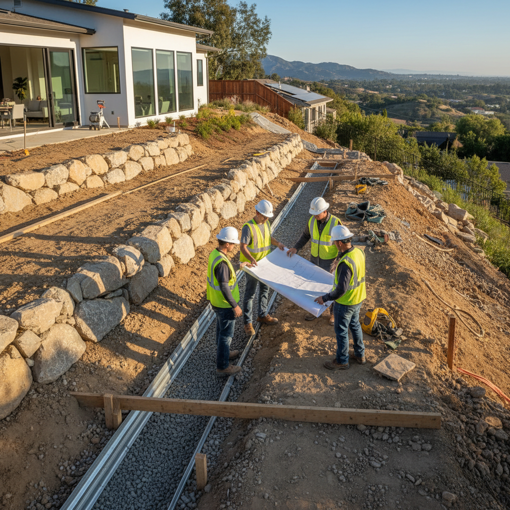 What Is an ADU Grading Plan and When Do You Need One? — A photorealistic image showing a sloped backyard in California, with a partially excavated area where an