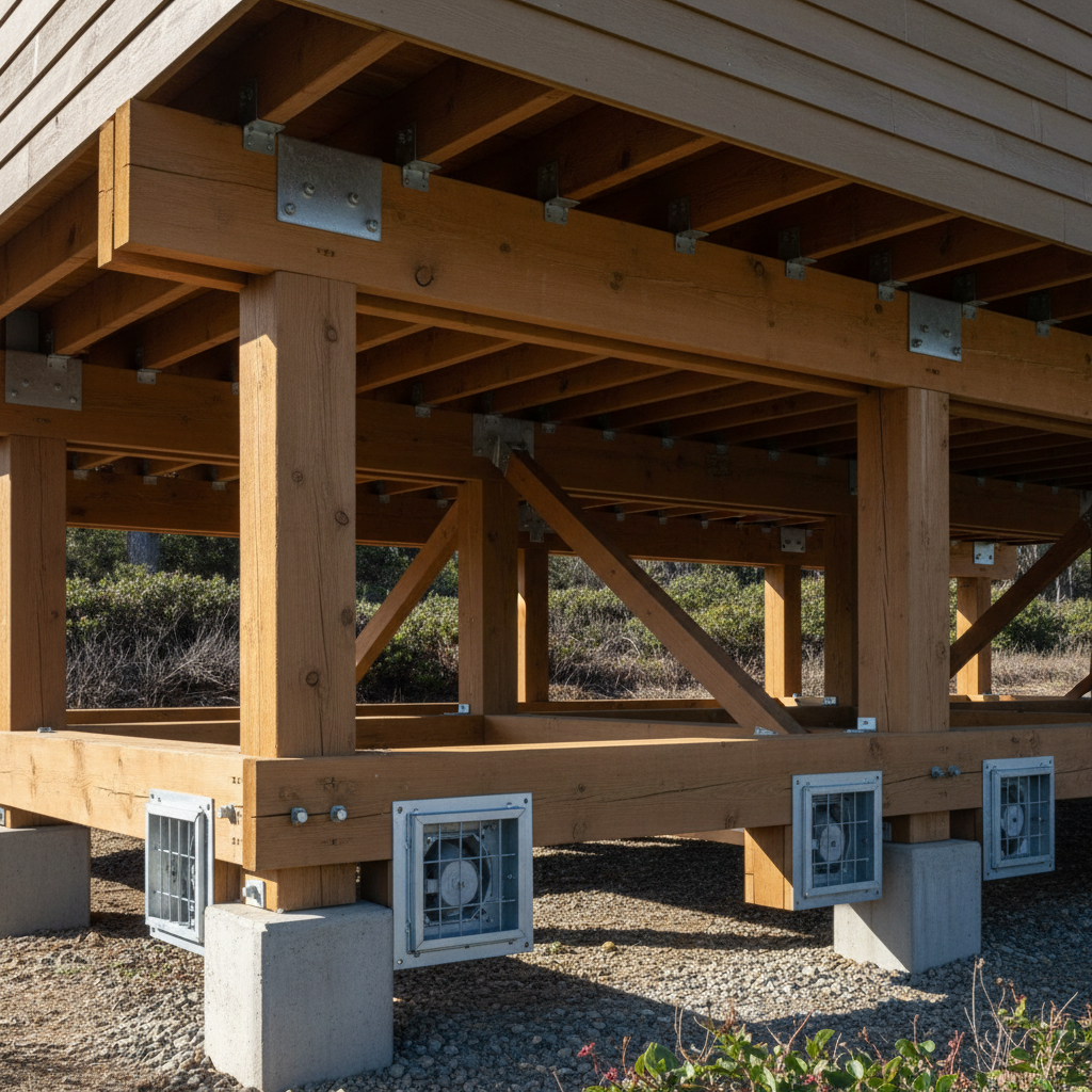 ADU in a Flood Zone: What California Homeowners Need to Know — A detailed architectural drawing or rendering of an ADU foundation showing flood vents and an ele