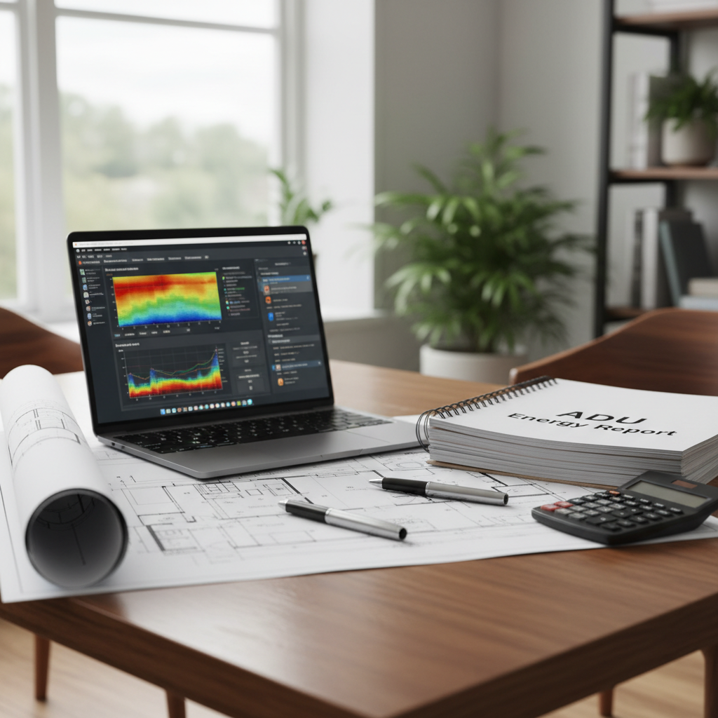 ADU Energy Compliance Report: What It Is & When to Submit — Close-up of a table with architectural blueprints, a laptop displaying energy modeling software (lik