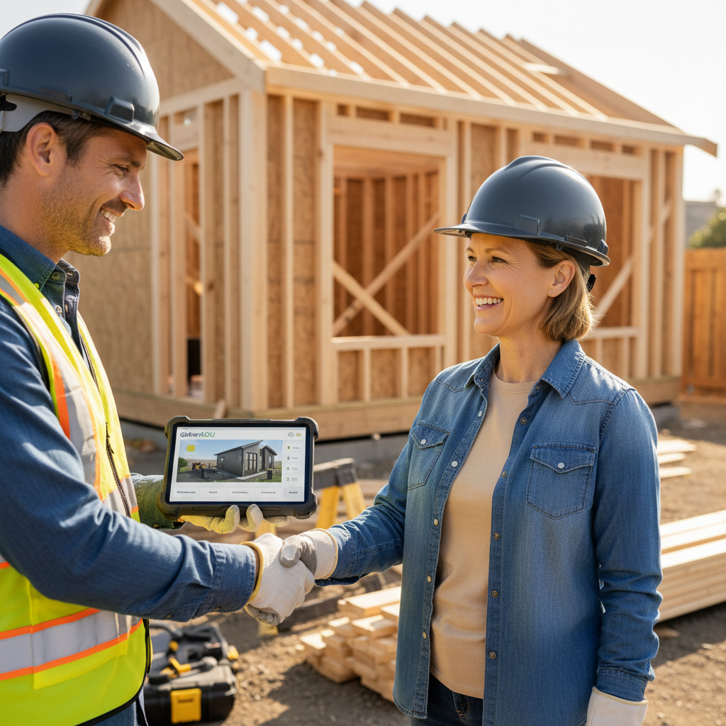 ADU Permit Delays in California: Causes & Avoidance Strategies — A confident homeowner shaking hands with a GatherADU project manager on a construction site, wi