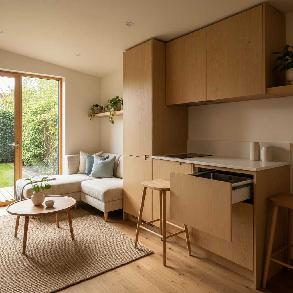 Micro-Kitchens in ADUs: Maximizing Space & Function — An interior shot of a small ADU demonstrating how a micro-kitchen blends into the main living area. The ki