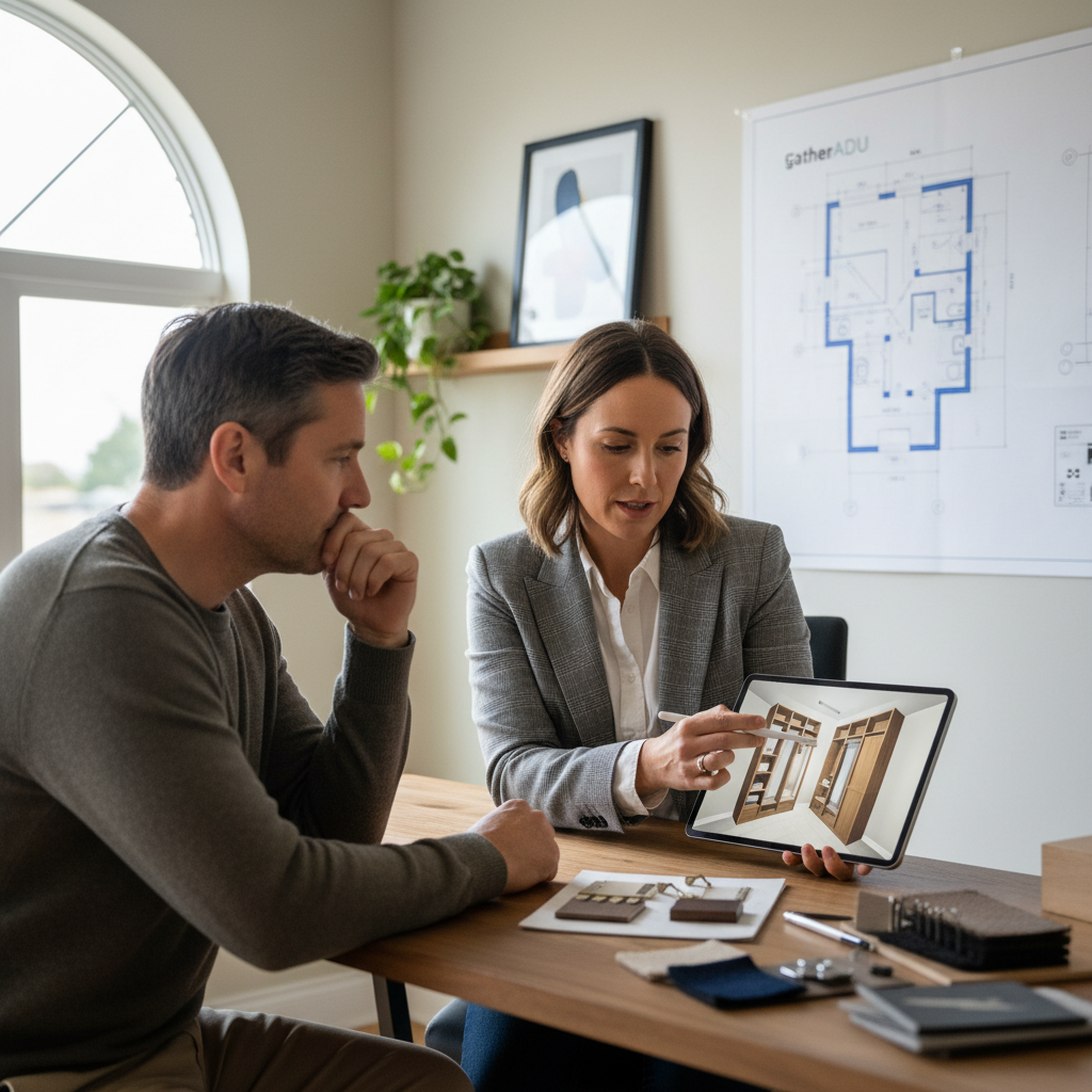 What Is a Built-In Wardrobe & How to Plan for One in an ADU — A professional ADU designer from GatherADU is presenting a 3D rendering of a custom built-in wardr