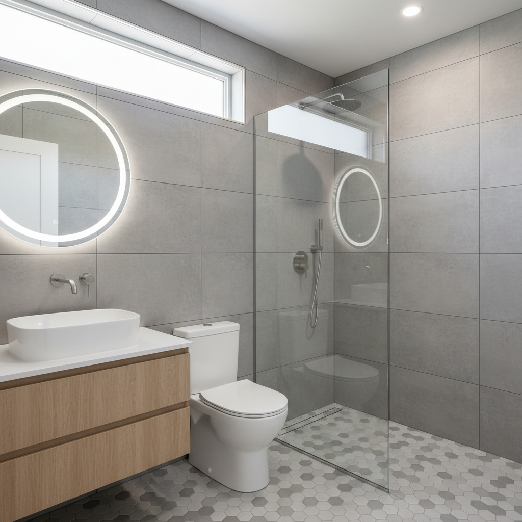 What Is Cement Board and Why It Is Used in ADU Wet Areas — A finished, modern ADU bathroom with tiled walls and floor, implying the successful application of ce