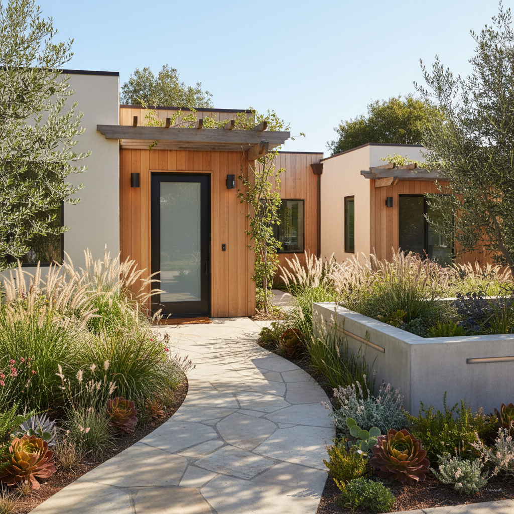 Building an ADU on a Corner Lot in California: A Comprehensive Guide — A beautifully designed, separate entrance to an ADU on a corner lot, featuring a private