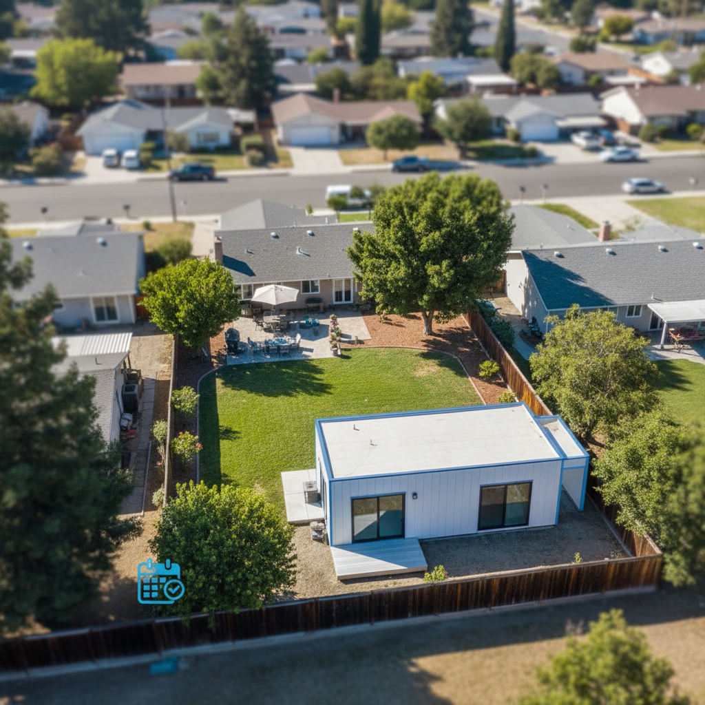 California Pre-Approved ADU Plans: Your Fast Track to an ADU? — An aerial view of a California backyard with a pre-approved ADU design superimposed, demonstrati
