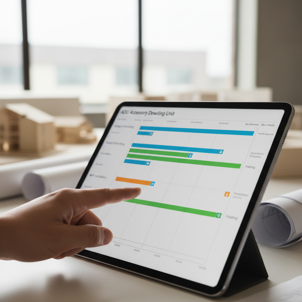 What Is a Scope of Work for an ADU Project & Why It Matters — A close-up of a hand pointing to a specific section on a detailed ADU project timeline or Gantt ch