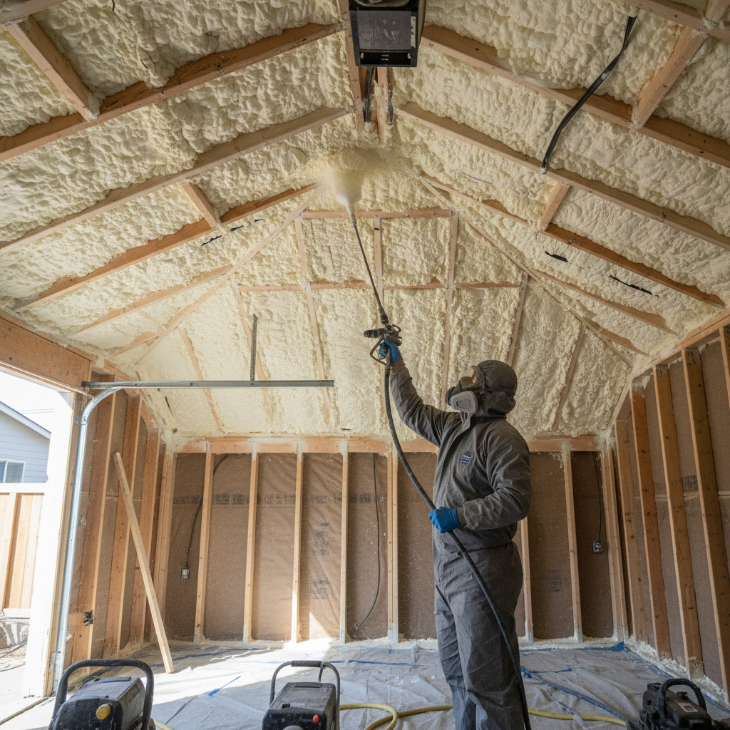 ADU Insulation in California: Permit & Performance Explained — Photorealistic image of a professional installing closed-cell spray foam insulation into an irreg