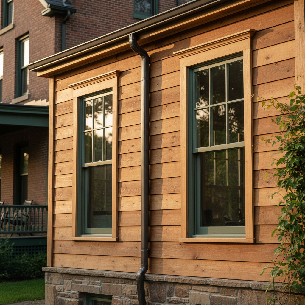 Building an ADU in a Historic District: Design Review — A close-up shot of the exterior details of a newly constructed ADU in a historic district. Focus on hist