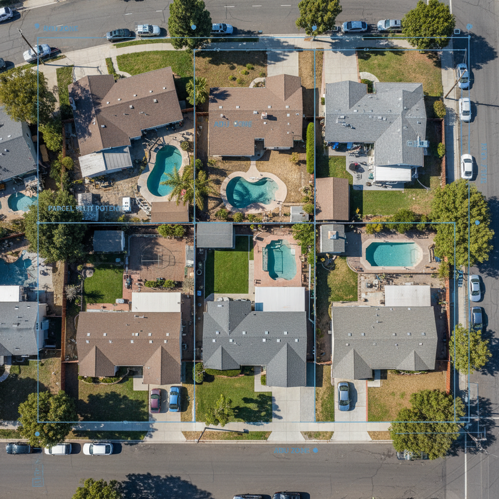 What Is the California ADU Handbook and How Homeowners Can Use It — An intricate aerial view of a diverse residential neighborhood in California, highlighting v