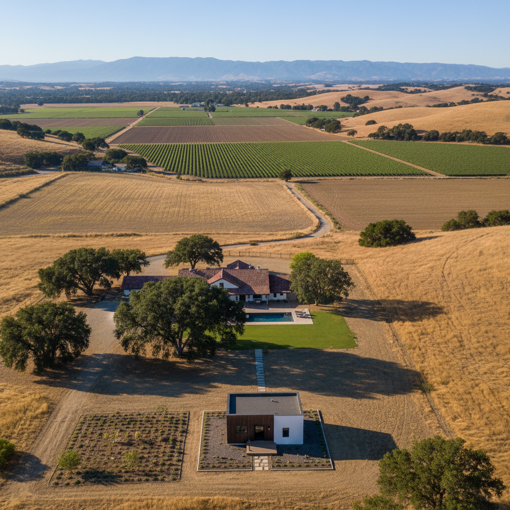 ADU Permitting in Rural California: What You Need to Know — A serene and expansive aerial view of a rural California property, featuring a small, tastefully des