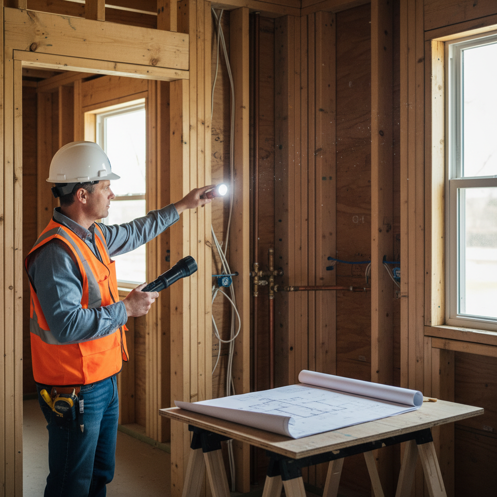 ADU Rough Framing: What It Is & What It Includes — A professional building inspector, wearing a hard hat and safety vest, meticulously examining rough-in plumbi