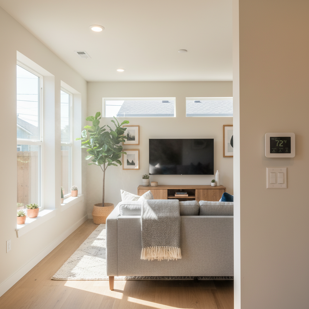 Title 24 Compliance Report for Your ADU: What You Need to Know — An interior shot of a bright, comfortable ADU living space featuring energy-efficient LED light