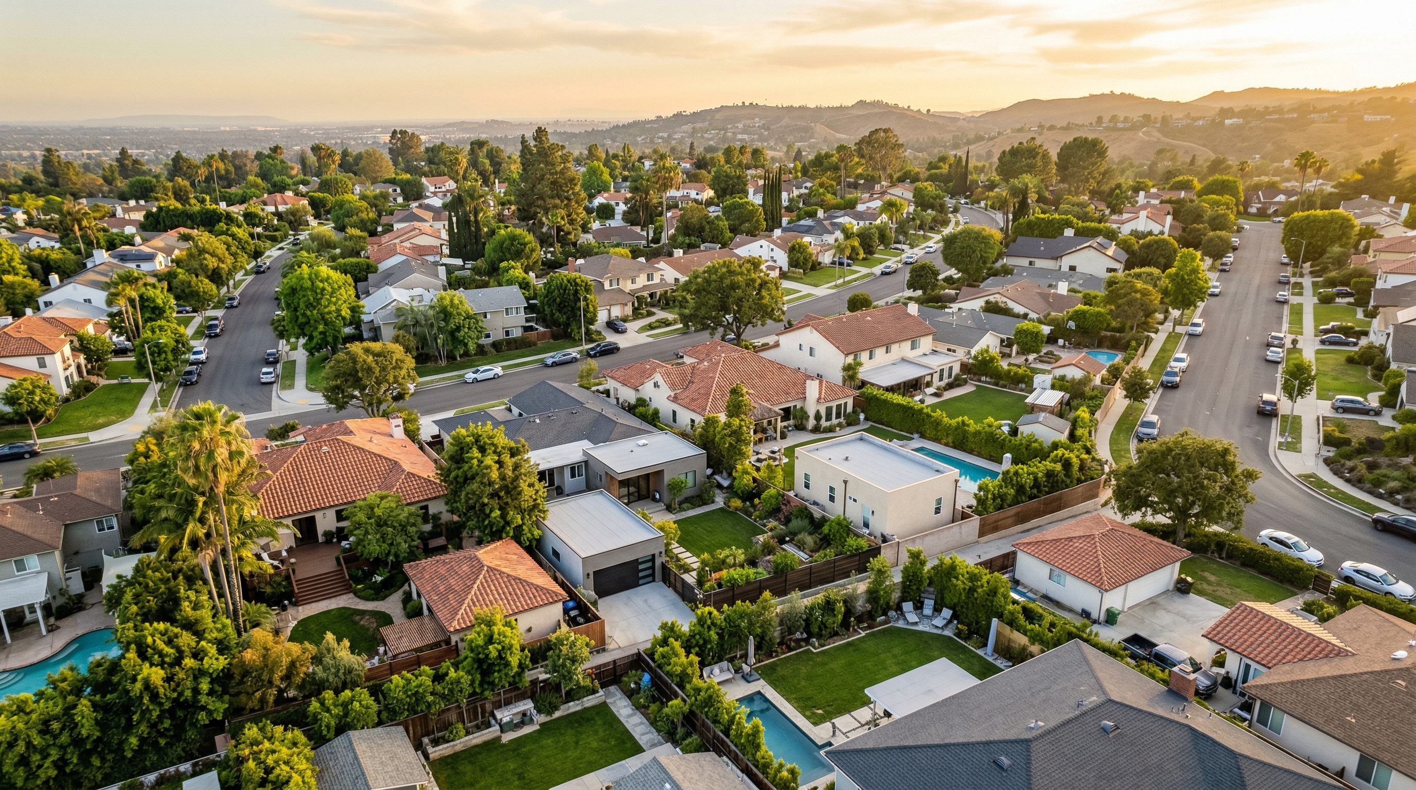 Aerial view of Los Angeles neighborhood showing backyard ADU structures