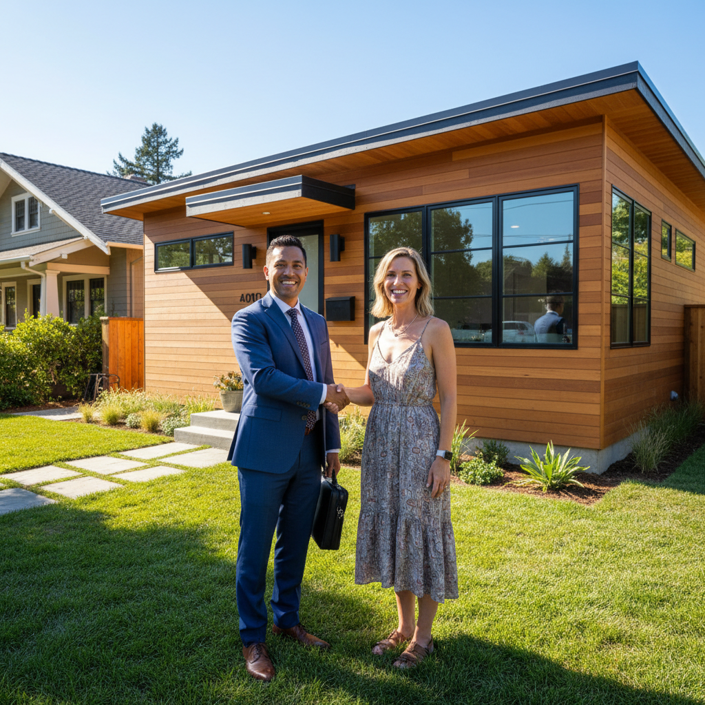 What to Do After an Unpermitted ADU Notice of Violation — A GatherADU representative (professional, well-dressed) shaking hands with a happy homeowner in front
