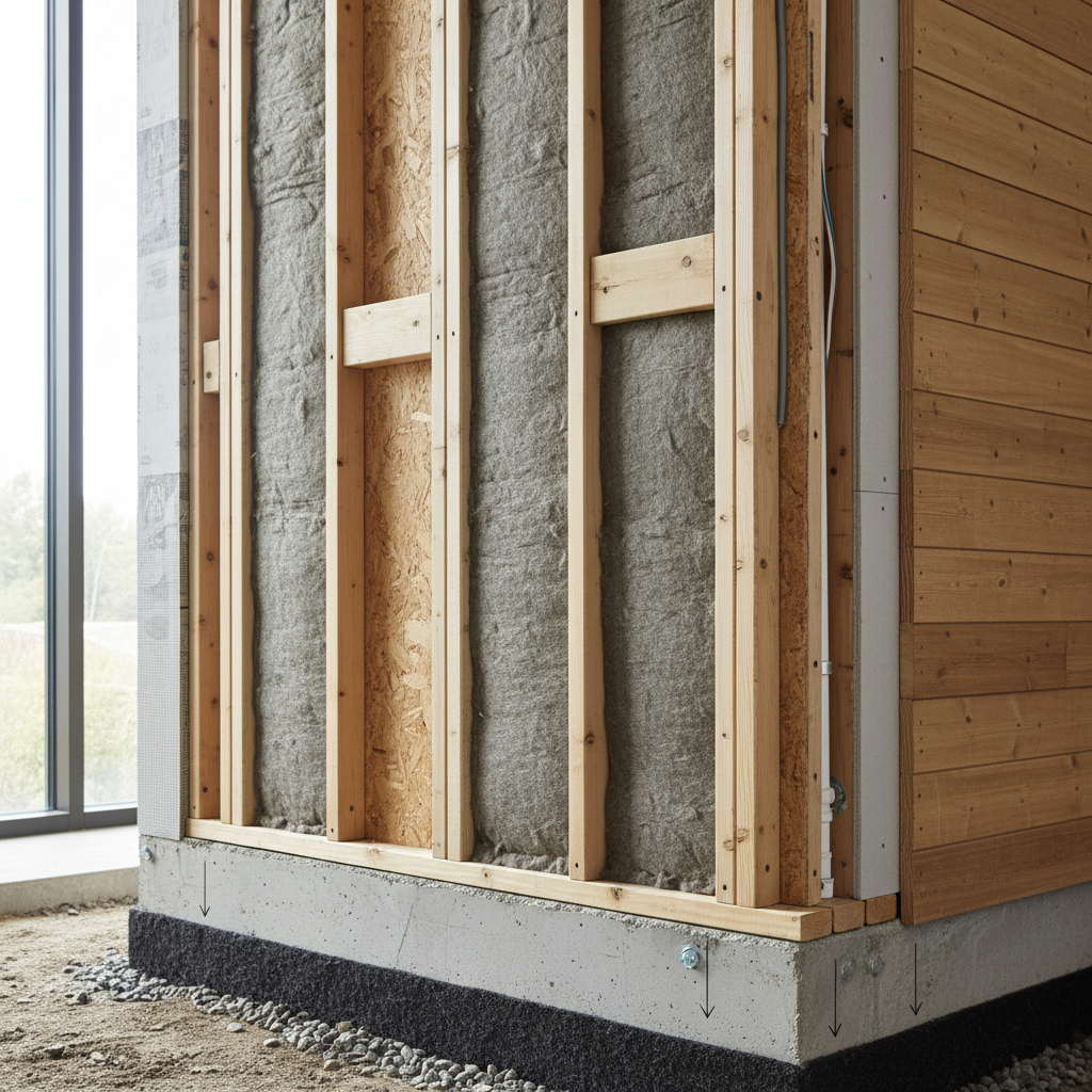 The Unsung Hero: What Is a Sill Plate in ADU Construction? — Detailed photorealistic image showing a cross-section or cutaway of an ADU wall, clearly depicting