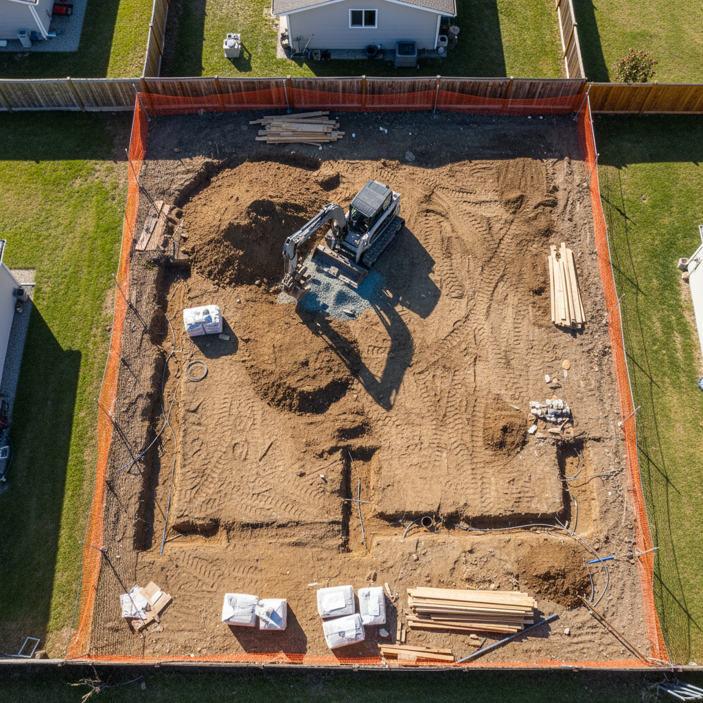 ADU Landscaping & Site Restoration: A Guide to Your Yard After Construction — An aerial view of an active ADU construction site, showing heavy machinery, materi