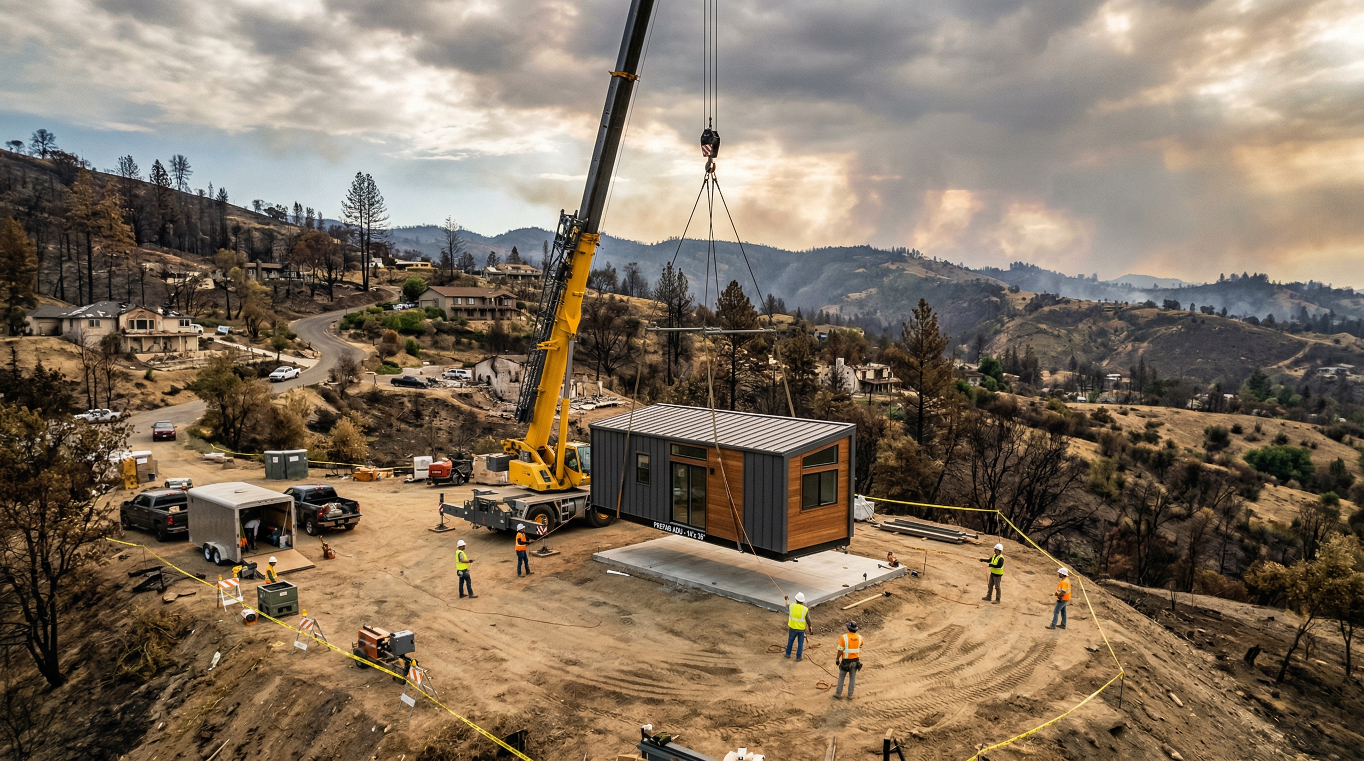 Prefab ADU crane delivery to fire zone residential lot